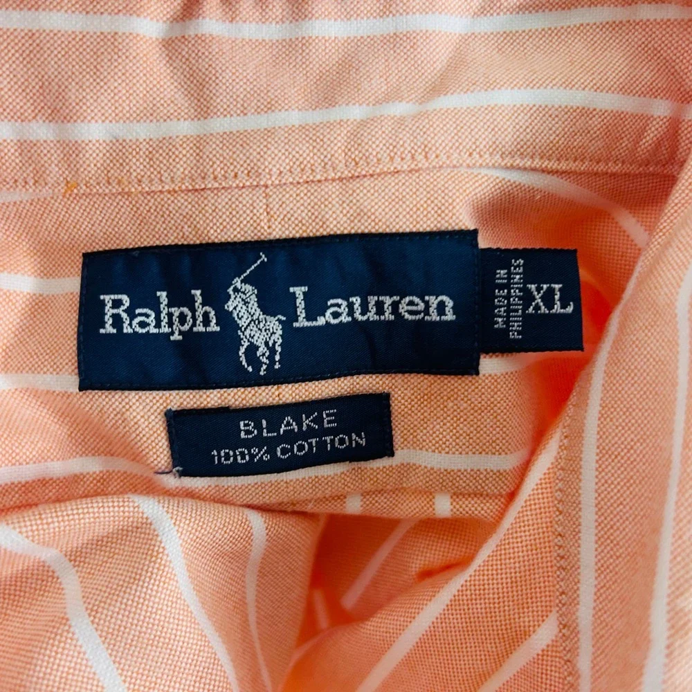 Polo Ralph Lauren XL Blake Oxford Shirt Orange Striped Short Sleeve Cotton Mens